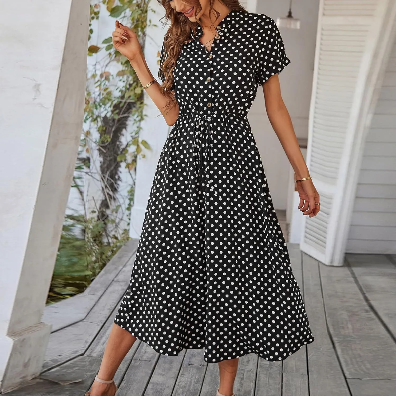 Summer Elegant Polka Dots V Neck Short Sleeve Dress for Womens 2025 Lace up Button Beach Vocation Casual Sundress