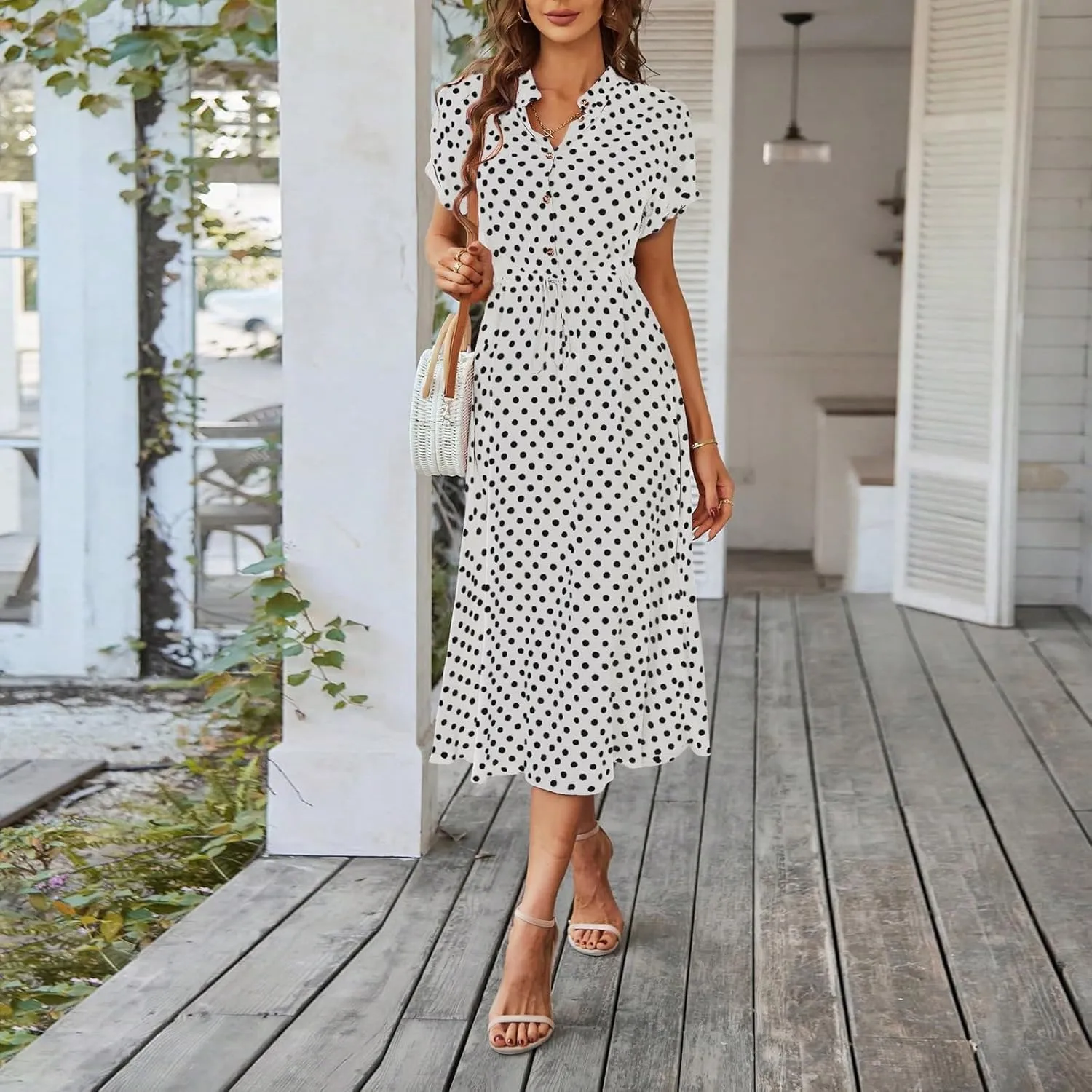 Summer Elegant Polka Dots V Neck Short Sleeve Dress for Womens 2025 Lace up Button Beach Vocation Casual Sundress