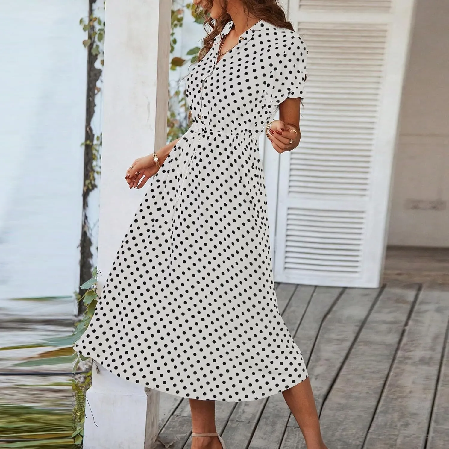 Summer Elegant Polka Dots V Neck Short Sleeve Dress for Womens 2025 Lace up Button Beach Vocation Casual Sundress