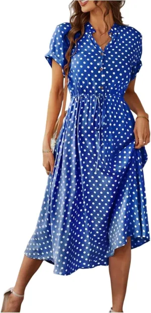 Summer Elegant Polka Dots V Neck Short Sleeve Dress for Womens 2025 Lace up Button Beach Vocation Casual Sundress