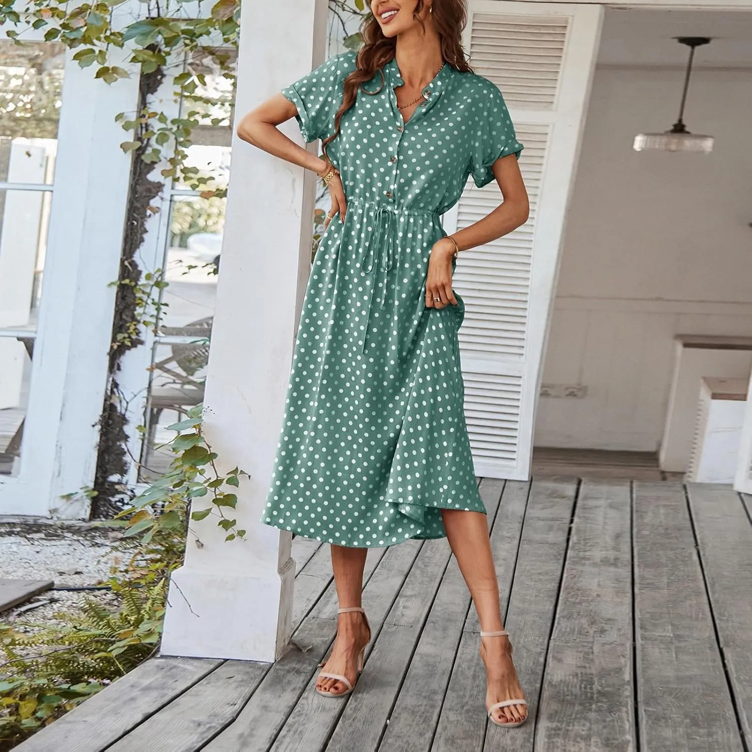 Summer Elegant Polka Dots V Neck Short Sleeve Dress for Womens 2025 Lace up Button Beach Vocation Casual Sundress