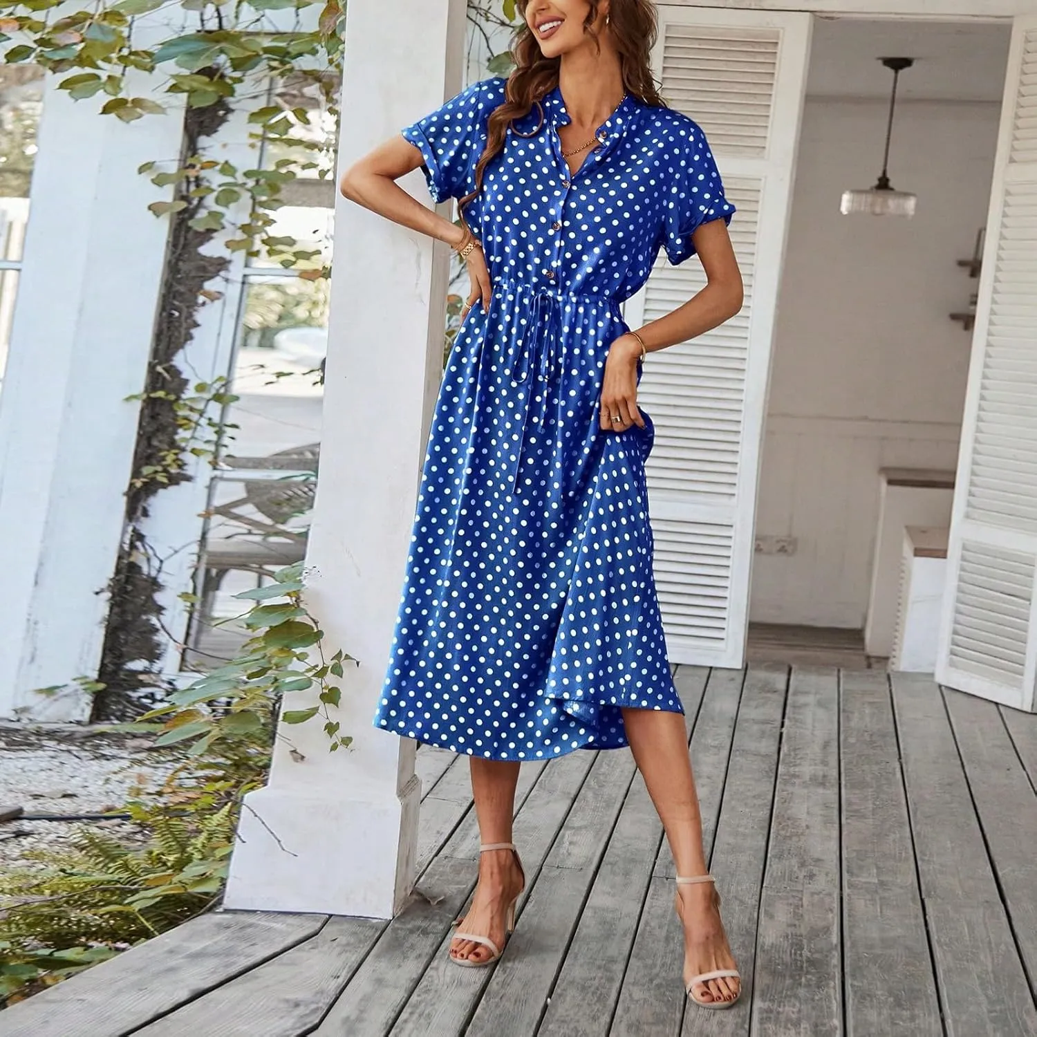 Summer Elegant Polka Dots V Neck Short Sleeve Dress for Womens 2025 Lace up Button Beach Vocation Casual Sundress