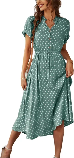 Summer Elegant Polka Dots V Neck Short Sleeve Dress for Womens 2025 Lace up Button Beach Vocation Casual Sundress