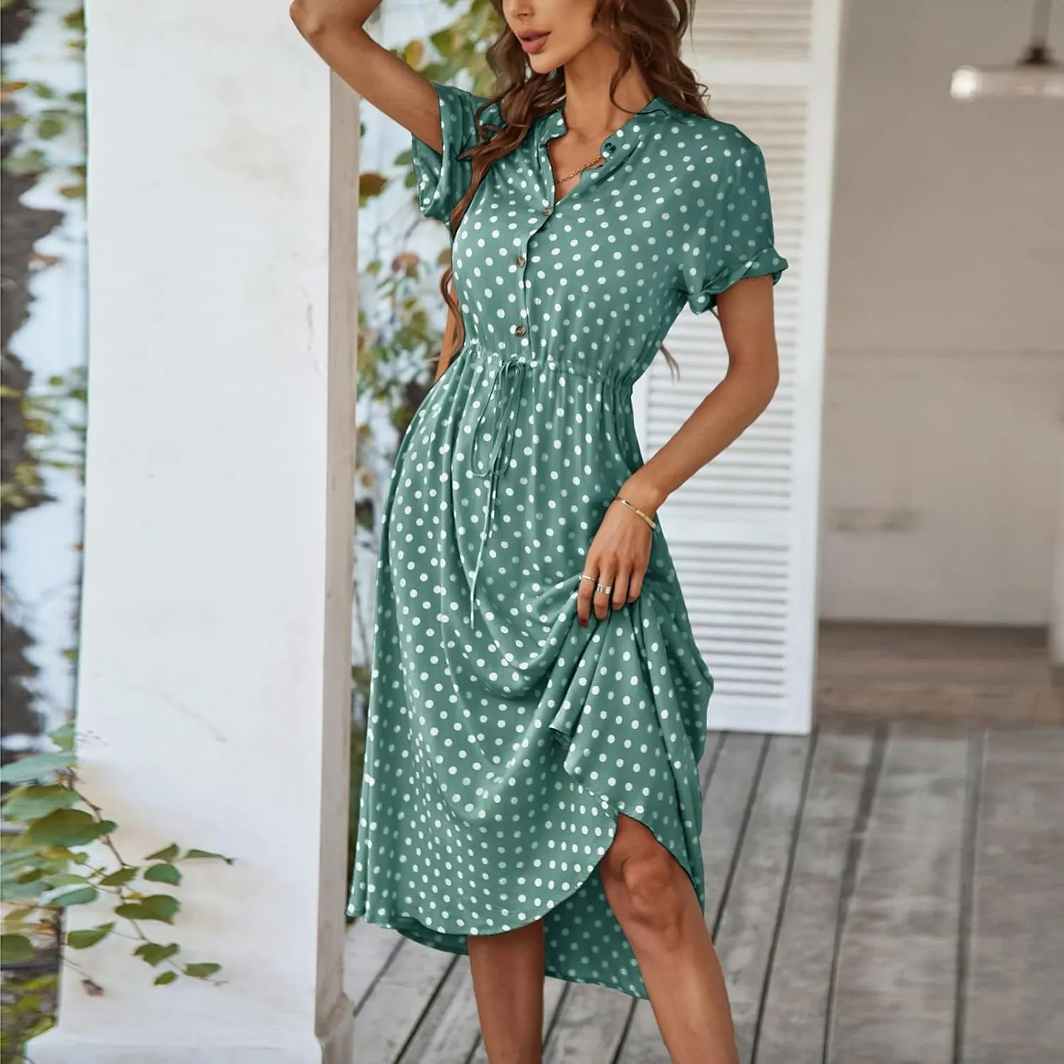 Summer Elegant Polka Dots V Neck Short Sleeve Dress for Womens 2025 Lace up Button Beach Vocation Casual Sundress