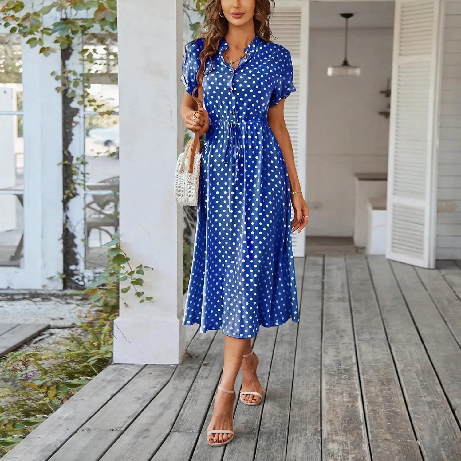 Summer Elegant Polka Dots V Neck Short Sleeve Dress for Womens 2025 Lace up Button Beach Vocation Casual Sundress