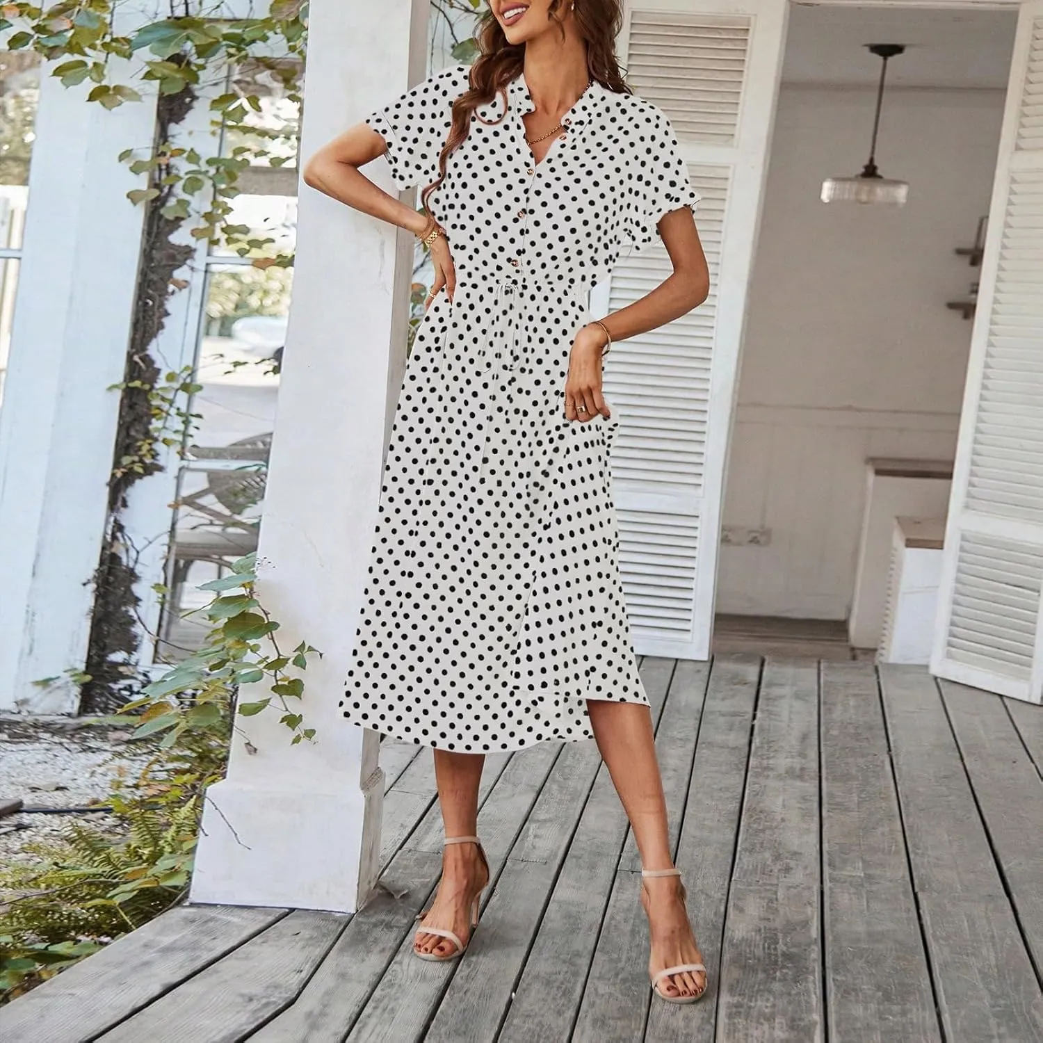 Summer Elegant Polka Dots V Neck Short Sleeve Dress for Womens 2025 Lace up Button Beach Vocation Casual Sundress