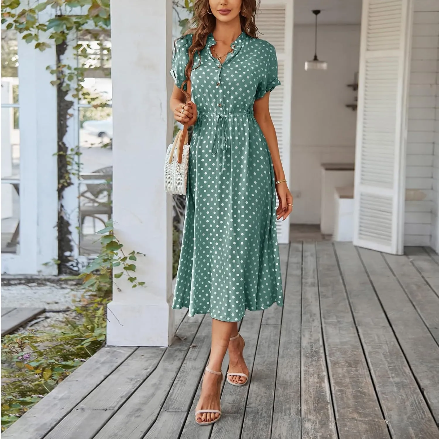 Summer Elegant Polka Dots V Neck Short Sleeve Dress for Womens 2025 Lace up Button Beach Vocation Casual Sundress