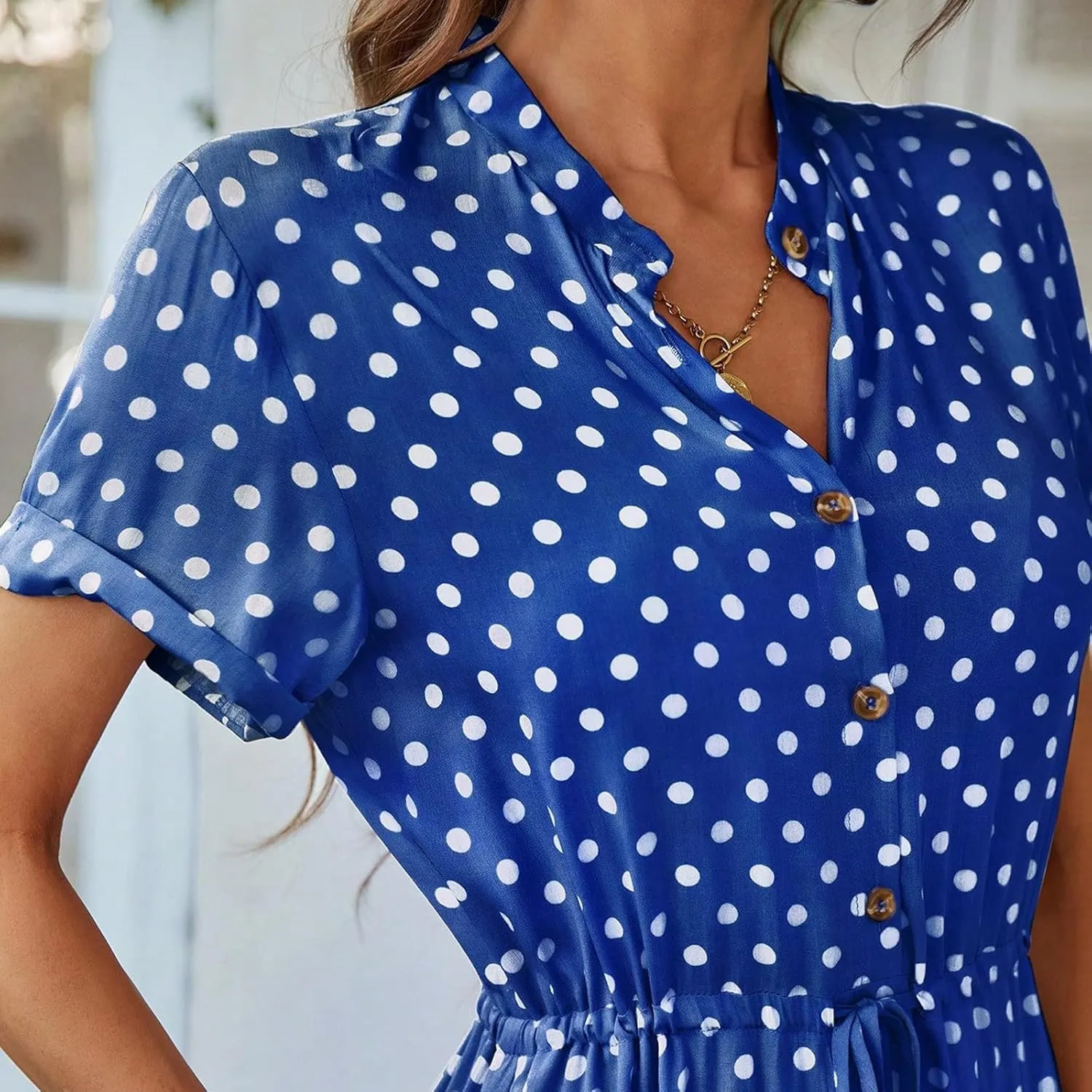 Summer Elegant Polka Dots V Neck Short Sleeve Dress for Womens 2025 Lace up Button Beach Vocation Casual Sundress