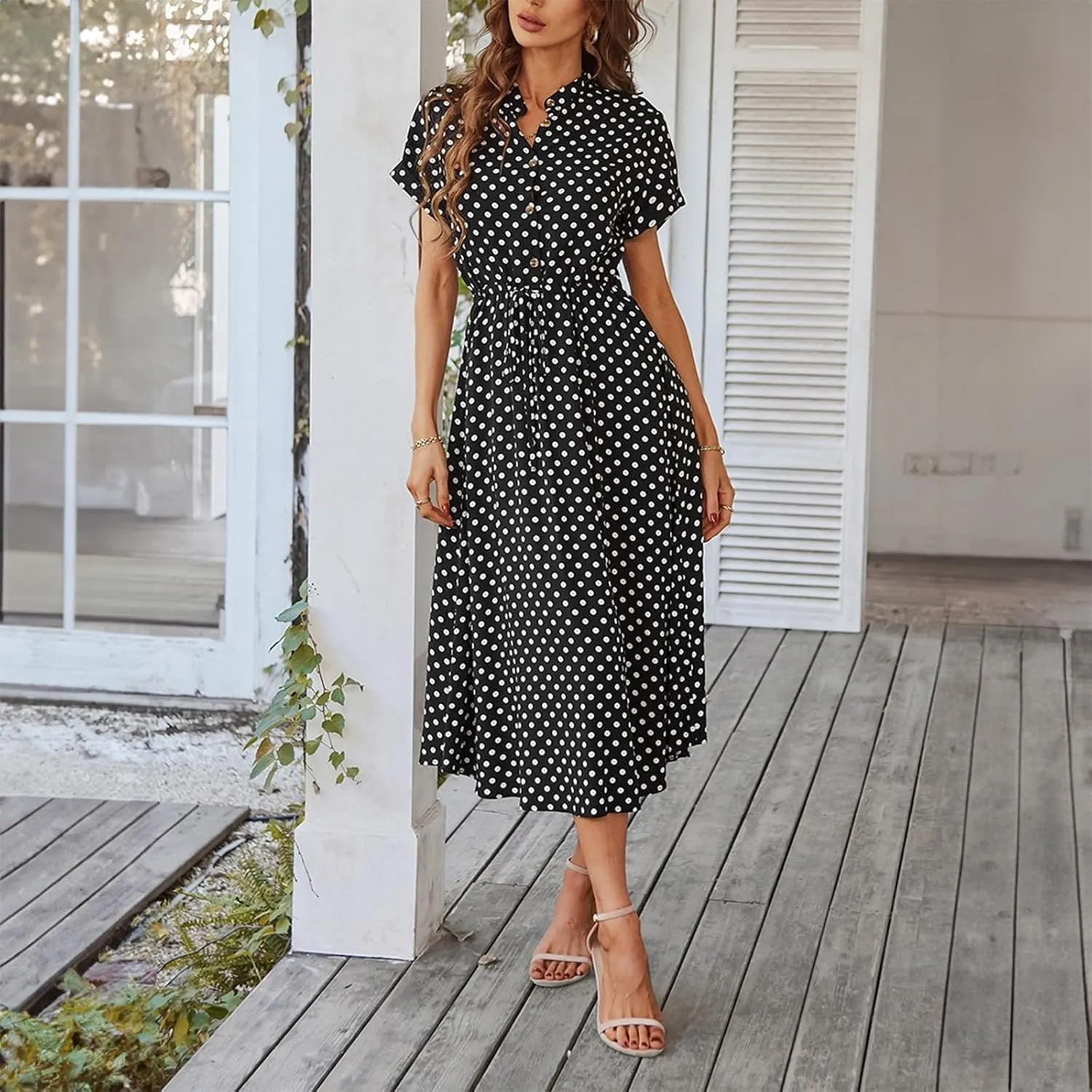 Summer Elegant Polka Dots V Neck Short Sleeve Dress for Womens 2025 Lace up Button Beach Vocation Casual Sundress