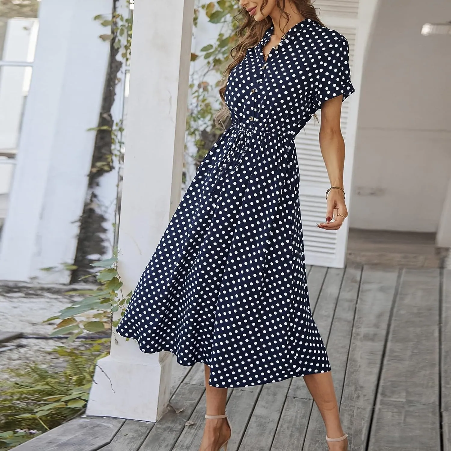 Summer Elegant Polka Dots V Neck Short Sleeve Dress for Womens 2025 Lace up Button Beach Vocation Casual Sundress
