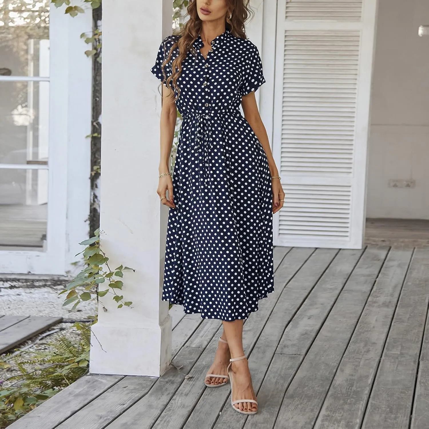 Summer Elegant Polka Dots V Neck Short Sleeve Dress for Womens 2025 Lace up Button Beach Vocation Casual Sundress