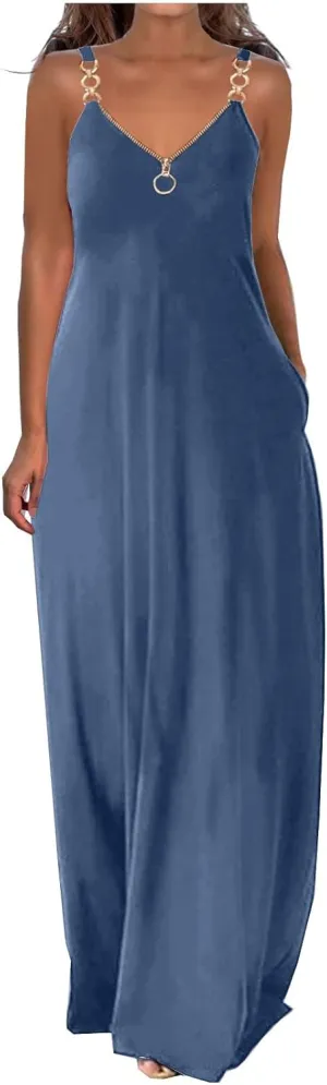 Summer Sun Dresses for Women 2024 Casual Boho Solid Color Ring Straps Zipper V Neck Beach Long Maxi Dress with Pockets