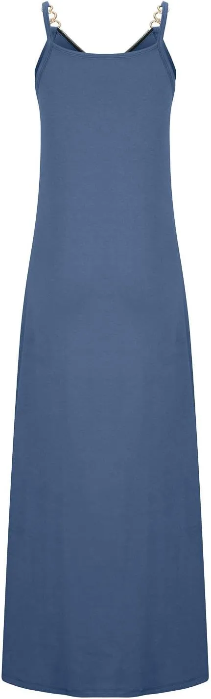 Summer Sun Dresses for Women 2024 Casual Boho Solid Color Ring Straps Zipper V Neck Beach Long Maxi Dress with Pockets