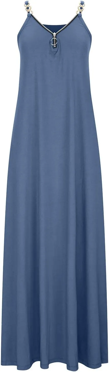 Summer Sun Dresses for Women 2024 Casual Boho Solid Color Ring Straps Zipper V Neck Beach Long Maxi Dress with Pockets