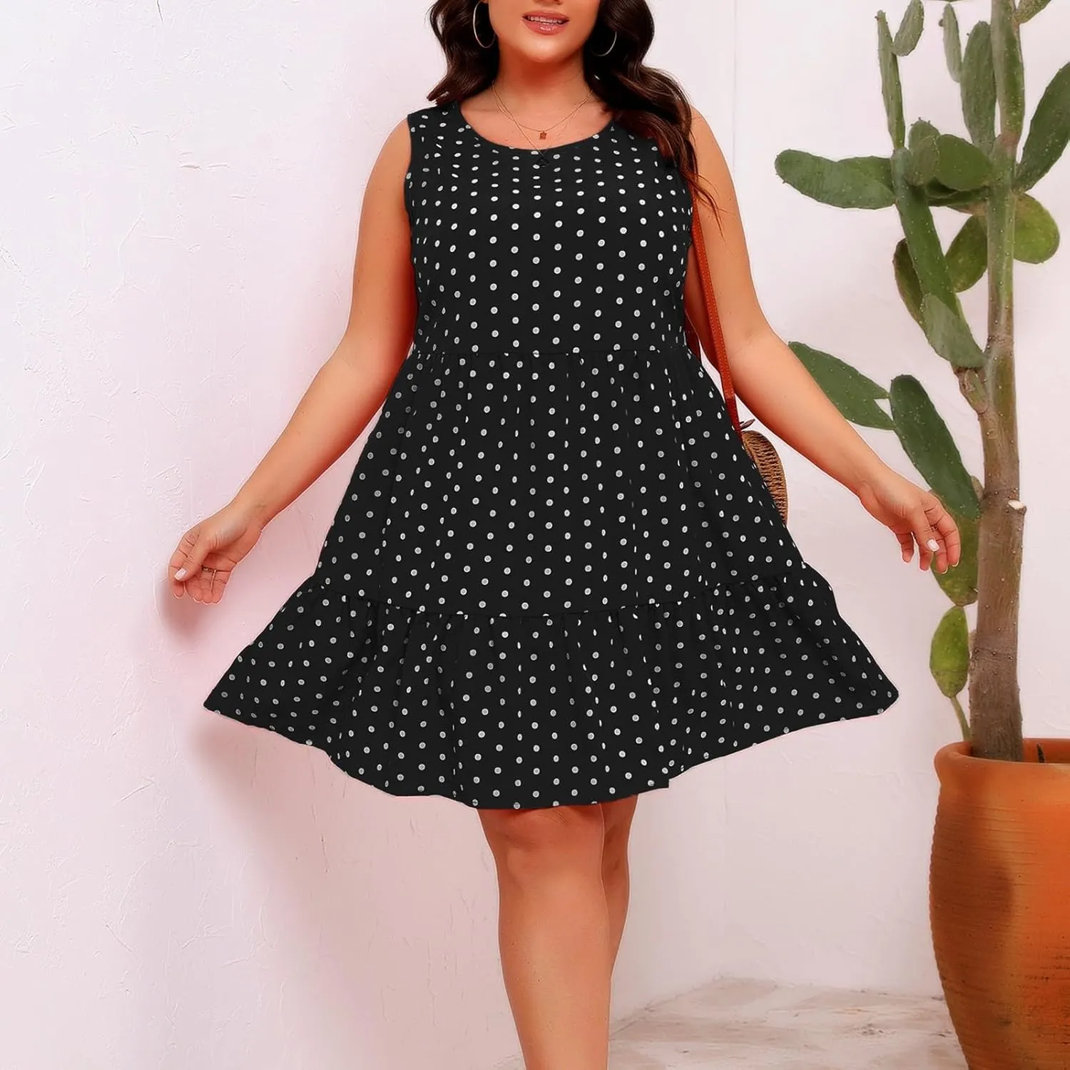 Summer Sundresses for Women Plus Size Crewneck Sleeveless Polka Dot Tank Dress Flowy Ruffle Tiered Swing Mini Dresses