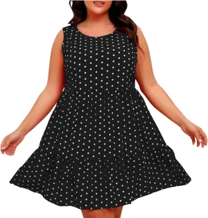Summer Sundresses for Women Plus Size Crewneck Sleeveless Polka Dot Tank Dress Flowy Ruffle Tiered Swing Mini Dresses