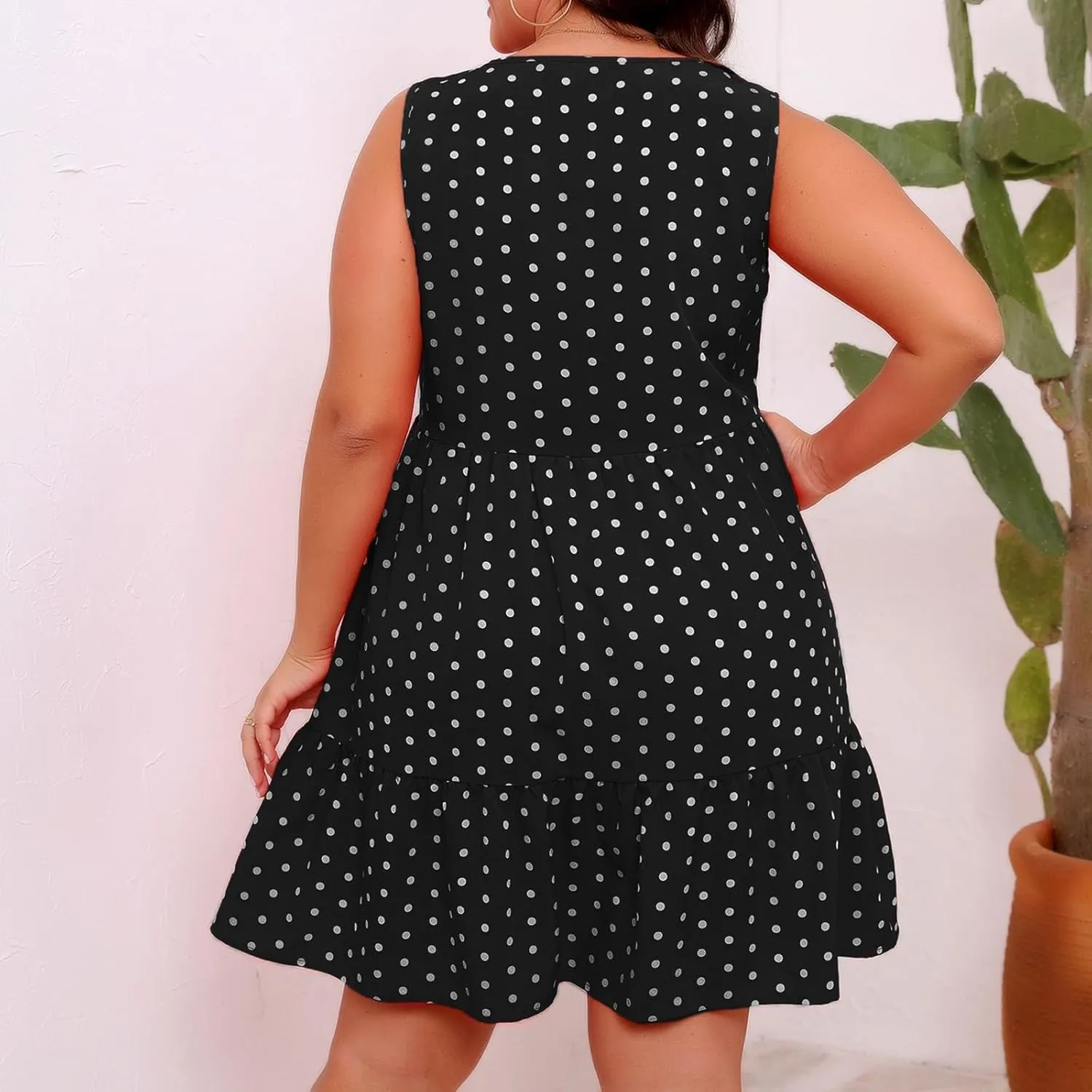 Summer Sundresses for Women Plus Size Crewneck Sleeveless Polka Dot Tank Dress Flowy Ruffle Tiered Swing Mini Dresses
