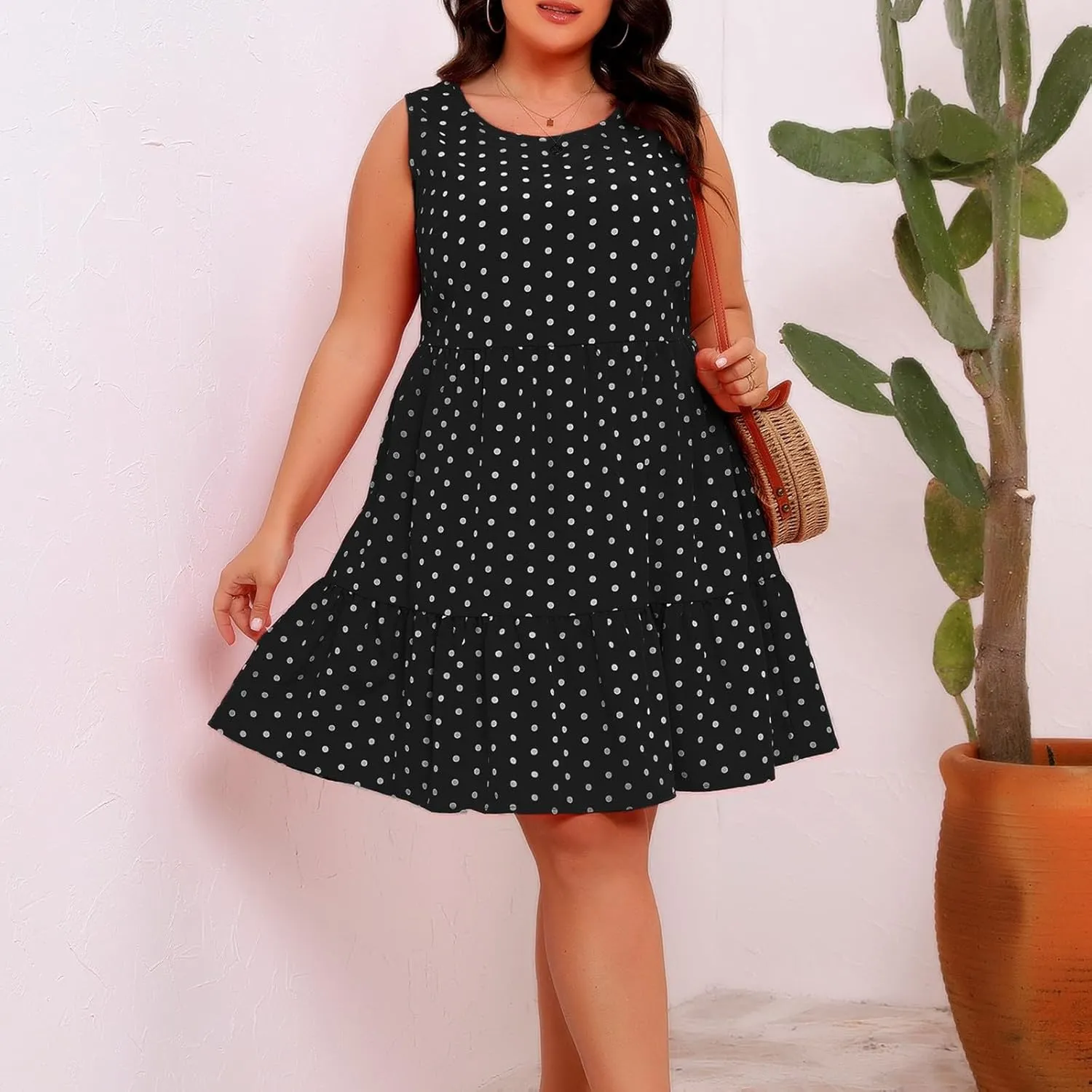 Summer Sundresses for Women Plus Size Crewneck Sleeveless Polka Dot Tank Dress Flowy Ruffle Tiered Swing Mini Dresses