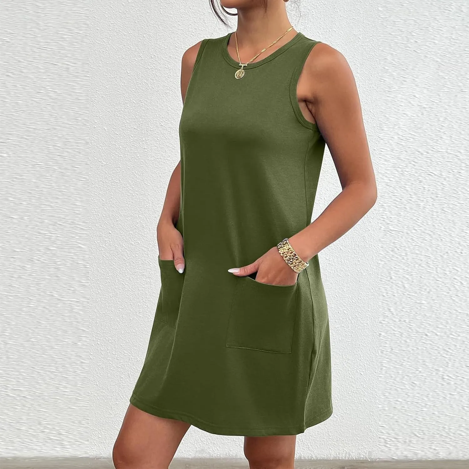 Summer Vest Dresses for Women Crewneck Sleeveless Tshirt Tank Mini Dress Casual Vacation Sundress with Pockets