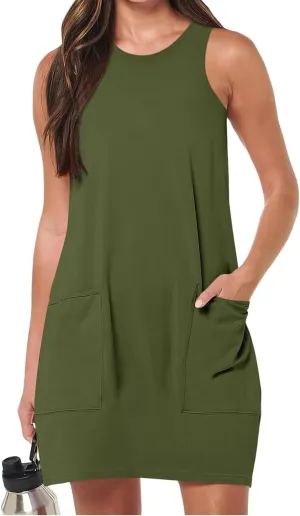 Summer Vest Dresses for Women Crewneck Sleeveless Tshirt Tank Mini Dress Casual Vacation Sundress with Pockets