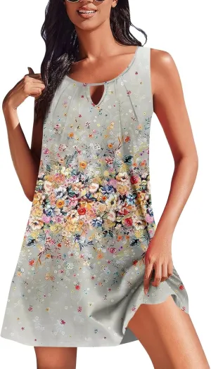 Sun Dresses for Women 2025 Vacation Spring Summer Sleeveless Scoop Neck Mini Dresses Casual Hawaiian Sundress