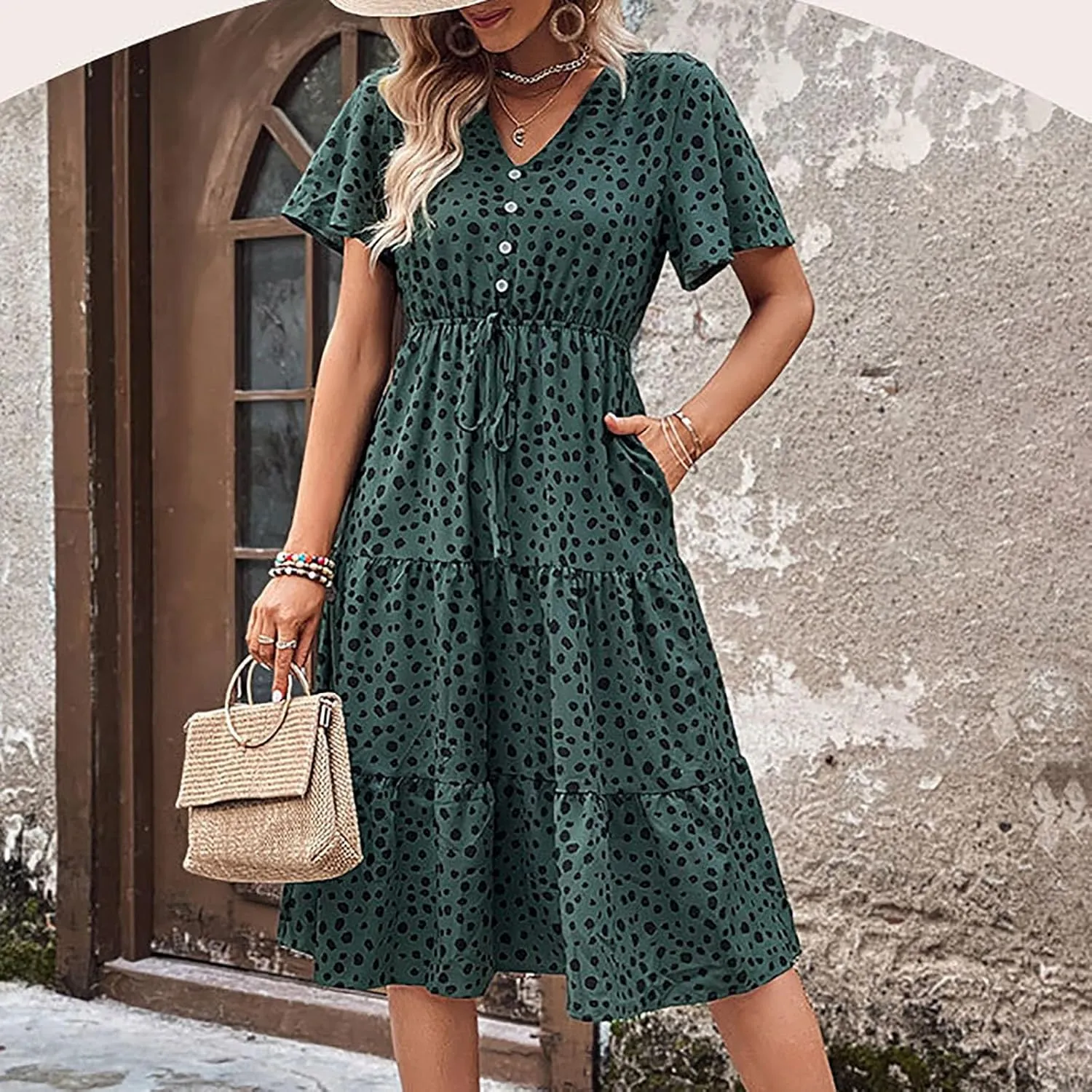 Sundresses for Women V Neck Short Sleeve High Waist Ruffle Dresses Trendy Polka Dots Midi Dresses Outfits