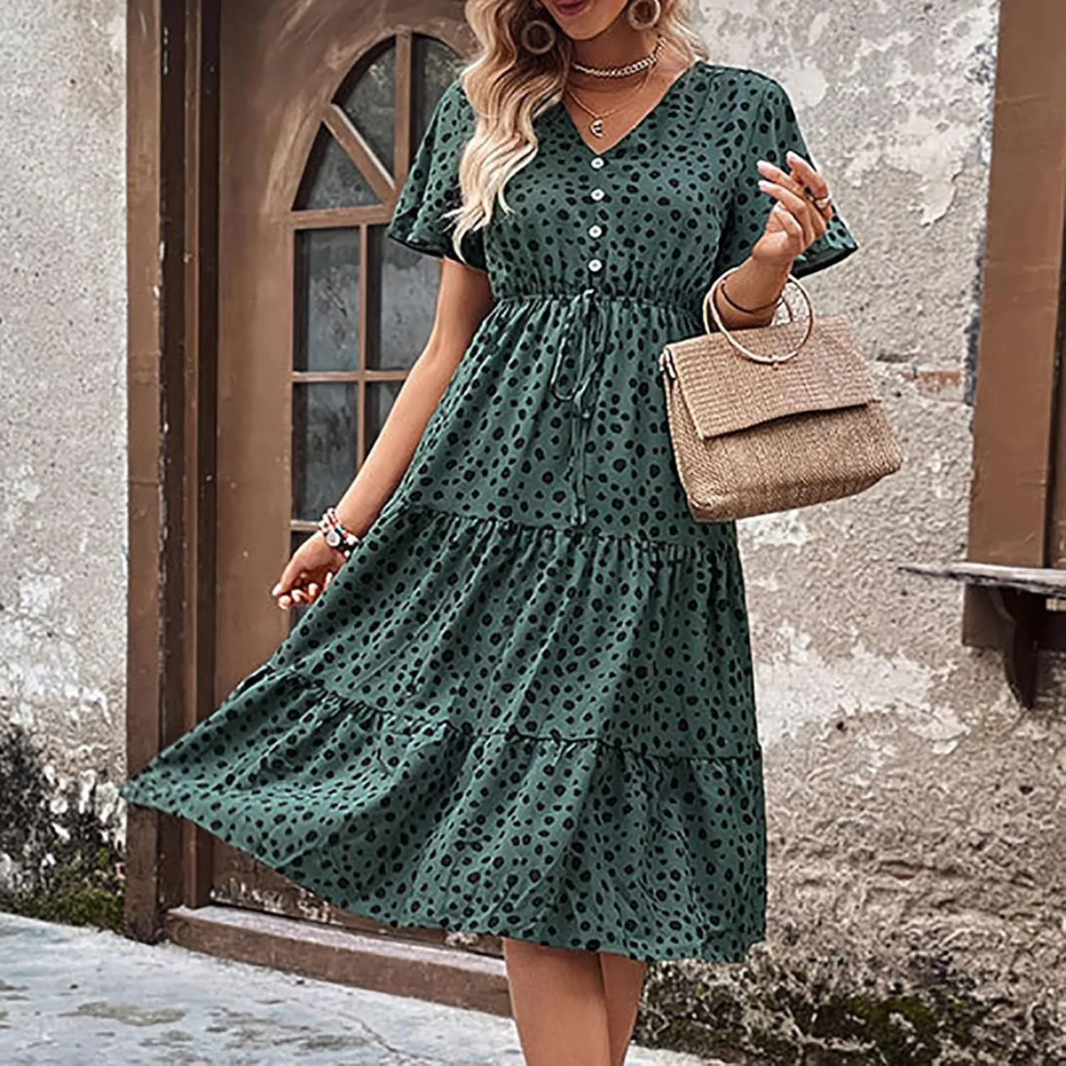 Sundresses for Women V Neck Short Sleeve High Waist Ruffle Dresses Trendy Polka Dots Midi Dresses Outfits