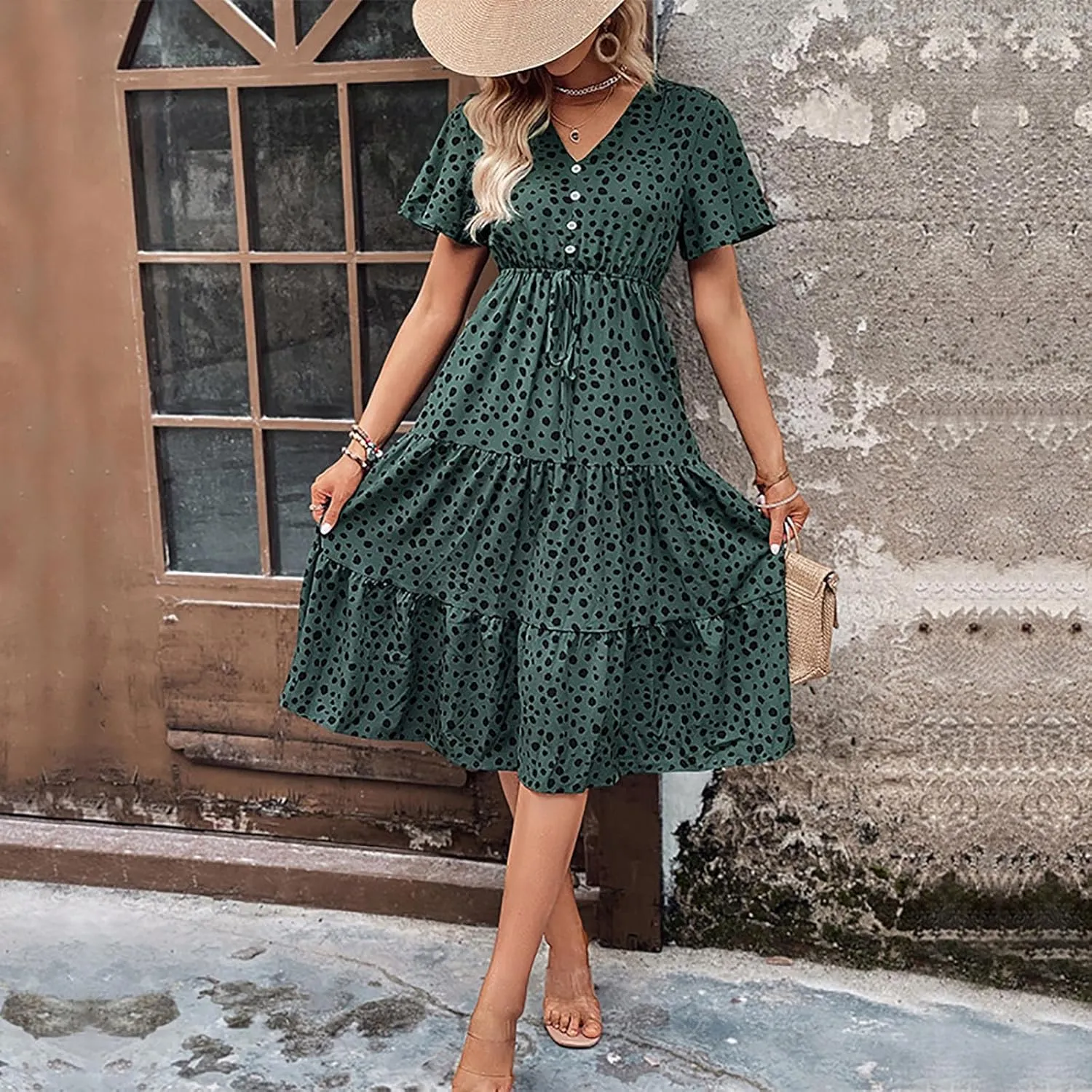 Sundresses for Women V Neck Short Sleeve High Waist Ruffle Dresses Trendy Polka Dots Midi Dresses Outfits