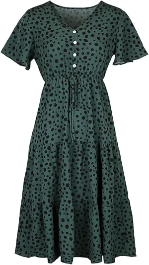 Sundresses for Women V Neck Short Sleeve High Waist Ruffle Dresses Trendy Polka Dots Midi Dresses Outfits
