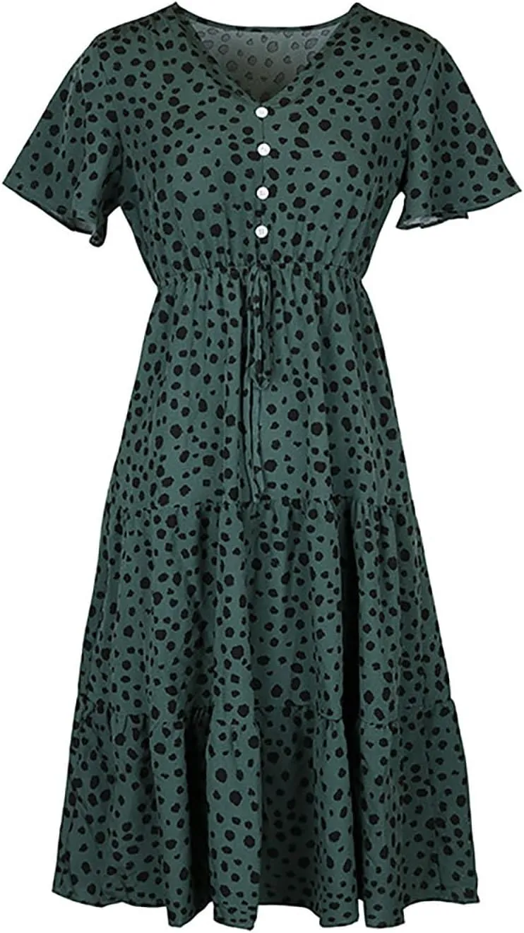 Sundresses for Women V Neck Short Sleeve High Waist Ruffle Dresses Trendy Polka Dots Midi Dresses Outfits