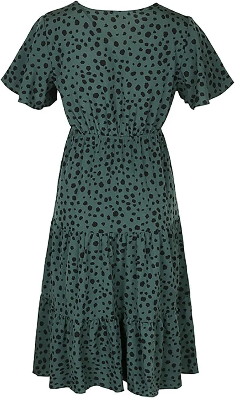 Sundresses for Women V Neck Short Sleeve High Waist Ruffle Dresses Trendy Polka Dots Midi Dresses Outfits