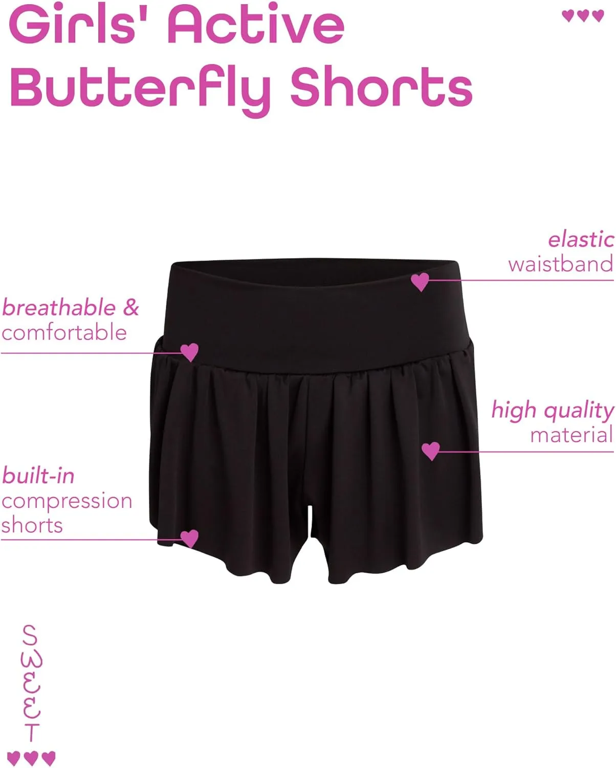 Sweet Hearts Girls Active Skort - 2 Pack Flowy Butterfly Shorts with Spandex Lining - Athletic Skirt for Girls, Made in USA