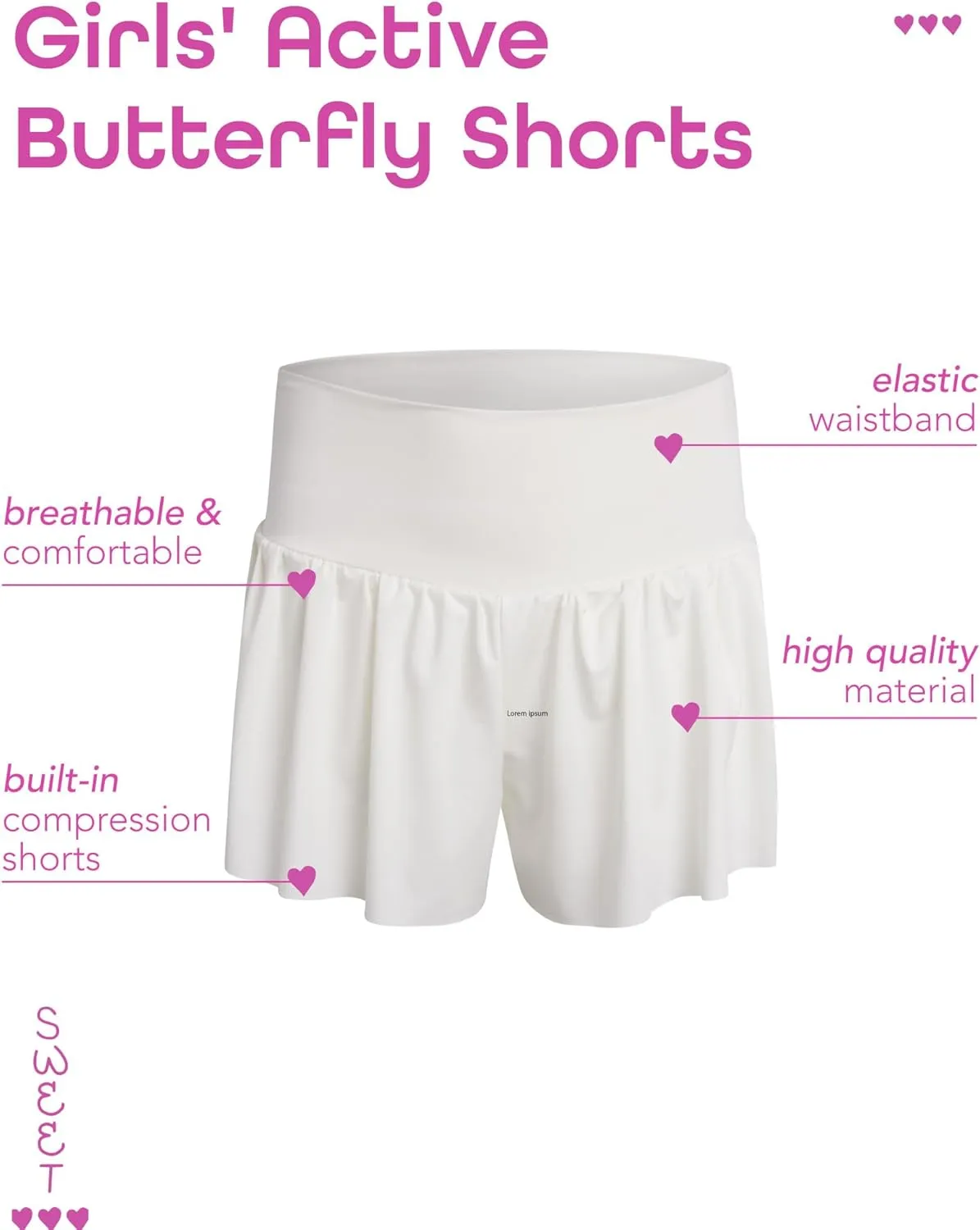 Sweet Hearts Girls Active Skort - 2 Pack Flowy Butterfly Shorts with Spandex Lining - Athletic Skirt for Girls, Made in USA