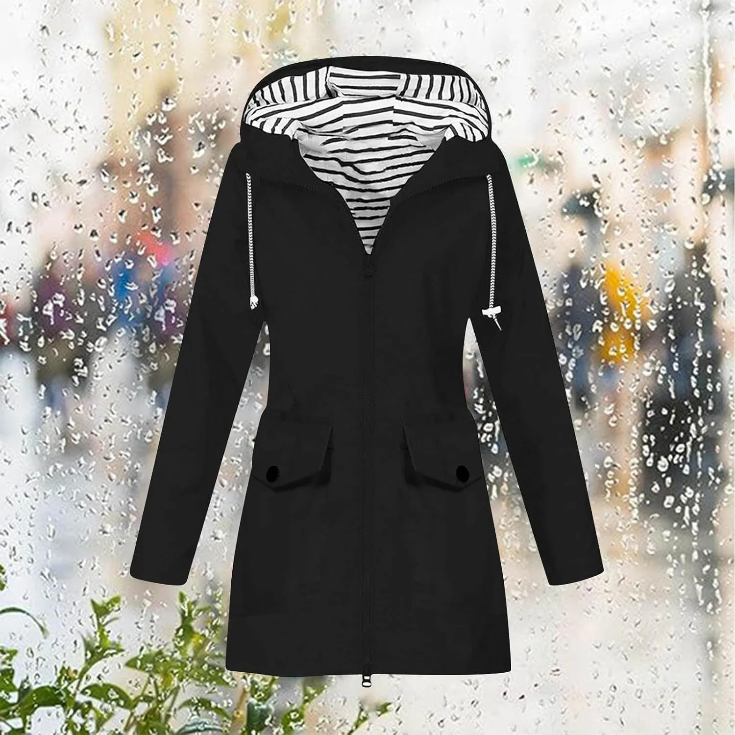 TANGNADE Raincoat for Women Waterproof with Hood Packable Long Hooded Trench Coats Windbreaker Travel Jacket