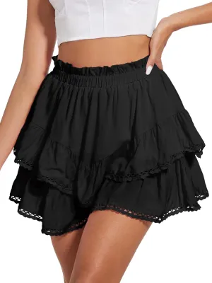 Tanou Womens Flowy Skirts High Waist Mini Skirt Ruffle Tiered Hem with Lined Shorts Golf Tennis Skort Casual Boho Skorts