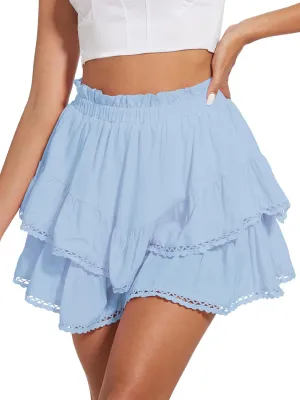 Tanou Womens Flowy Skirts High Waist Mini Skirt Ruffle Tiered Hem with Lined Shorts Golf Tennis Skort Casual Boho Skorts