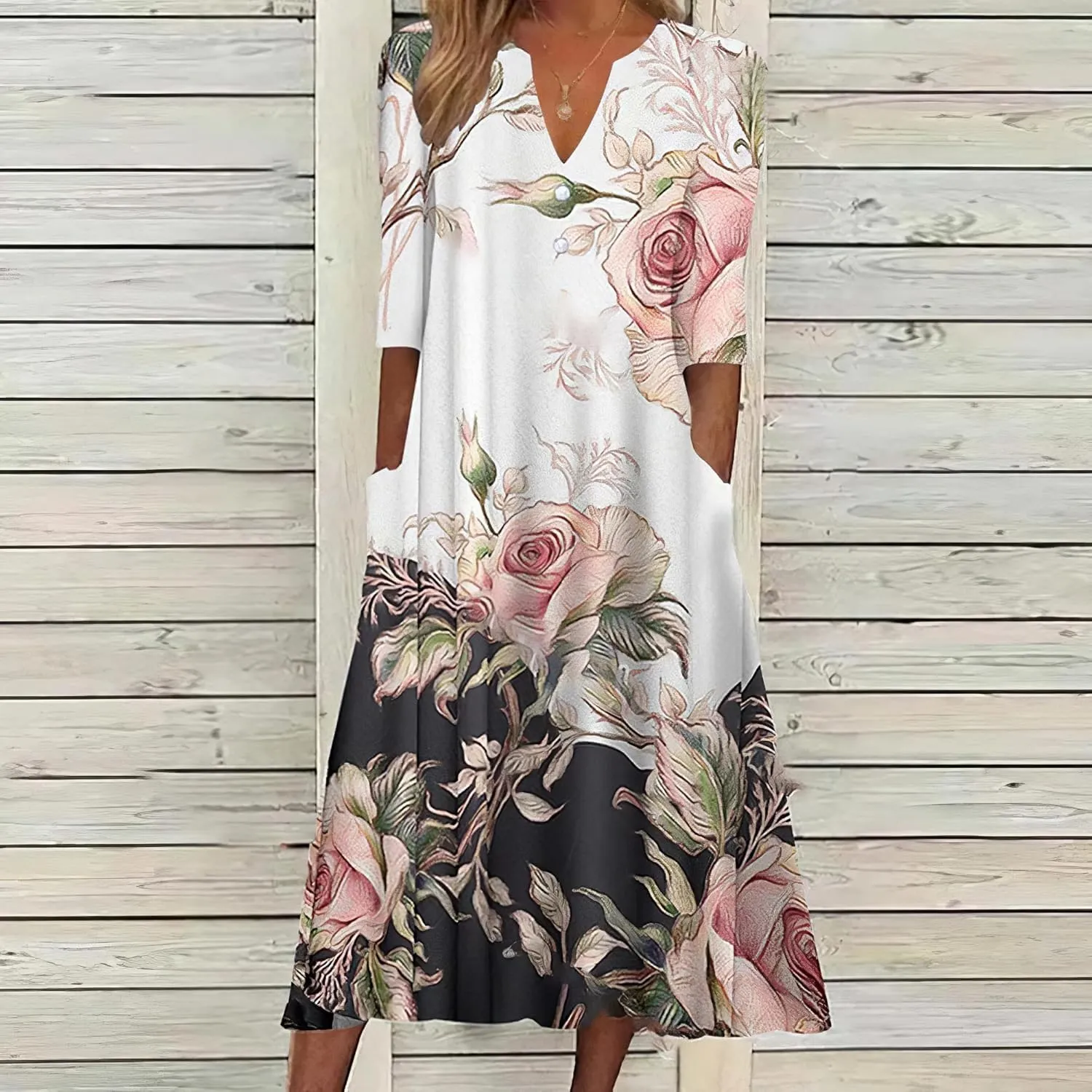 TAOMYTAWomens Summer Boho V Neck Floral Print Half Sleeve Dress Casual Button Midi Dresses for Women with Pockets
