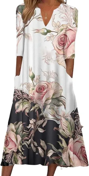 TAOMYTAWomens Summer Boho V Neck Floral Print Half Sleeve Dress Casual Button Midi Dresses for Women with Pockets
