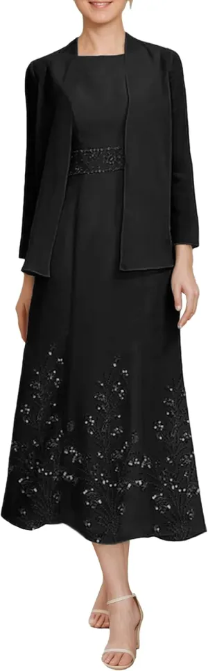 Tea Length 2 Piece Formal Women's Wedding Guest Dresses Evening Outfits with Jacket for Momther of Bride
