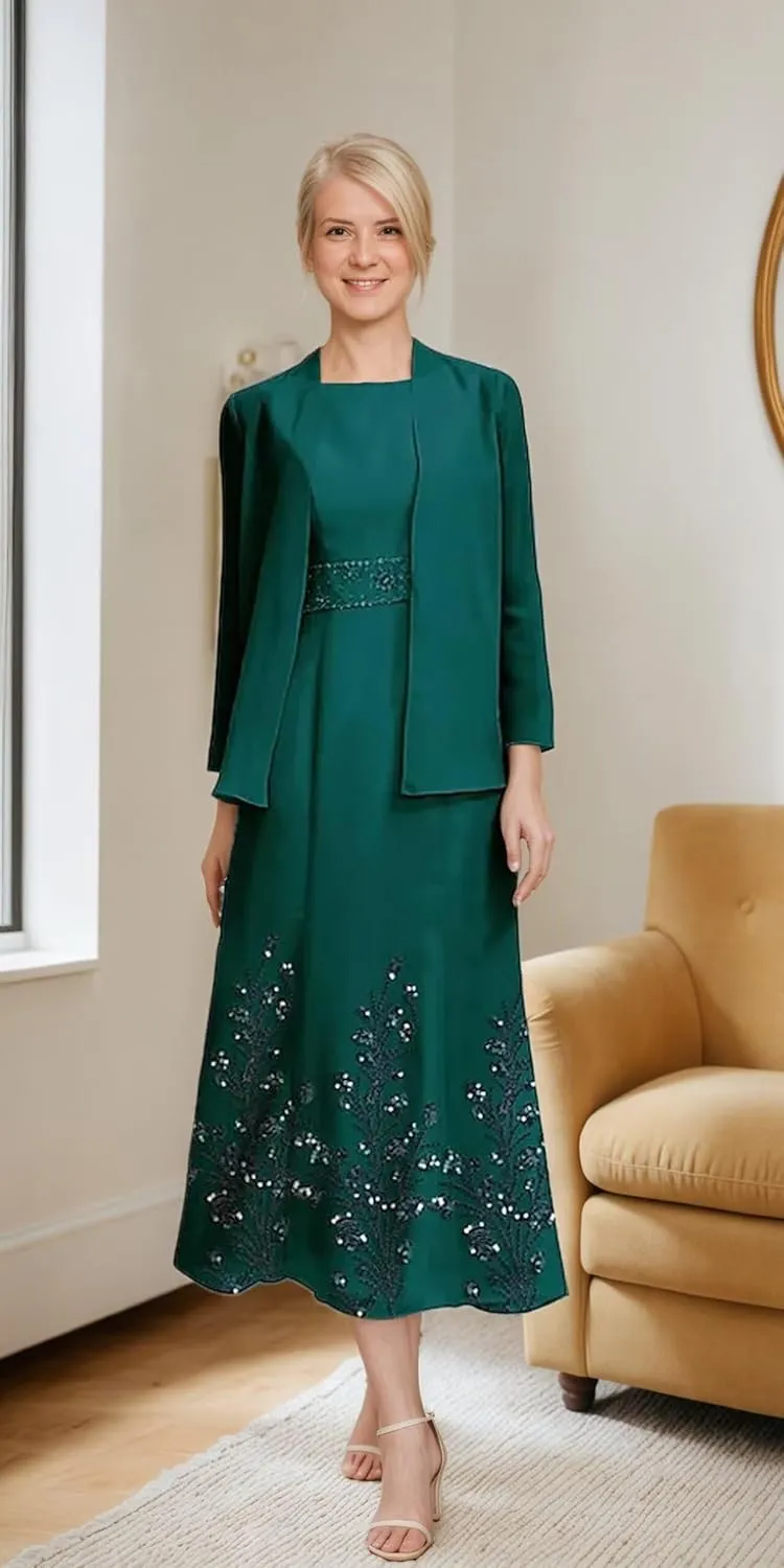 Tea Length 2 Piece Formal Women's Wedding Guest Dresses Evening Outfits with Jacket for Momther of Bride