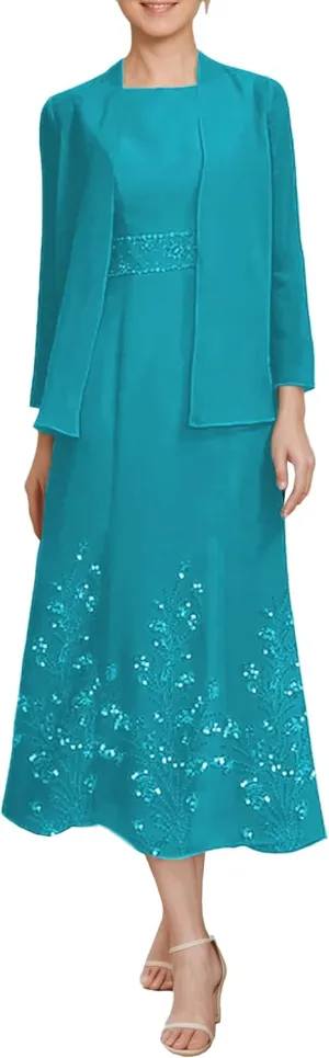 Tea Length 2 Piece Formal Women's Wedding Guest Dresses Evening Outfits with Jacket for Momther of Bride