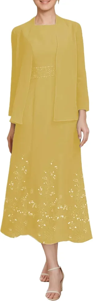Tea Length 2 Piece Formal Women's Wedding Guest Dresses Evening Outfits with Jacket for Momther of Bride