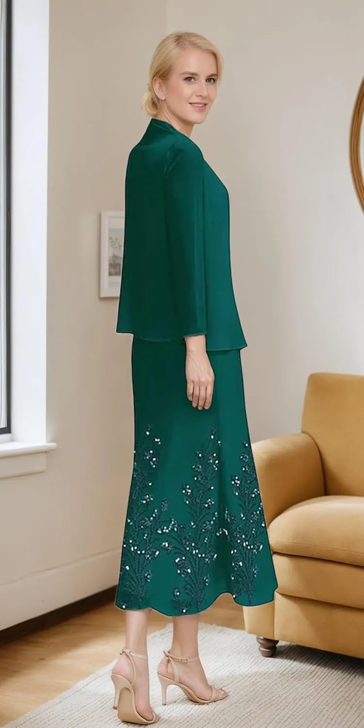 Tea Length 2 Piece Formal Women's Wedding Guest Dresses Evening Outfits with Jacket for Momther of Bride