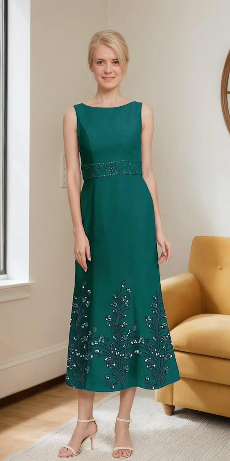 Tea Length 2 Piece Formal Women's Wedding Guest Dresses Evening Outfits with Jacket for Momther of Bride