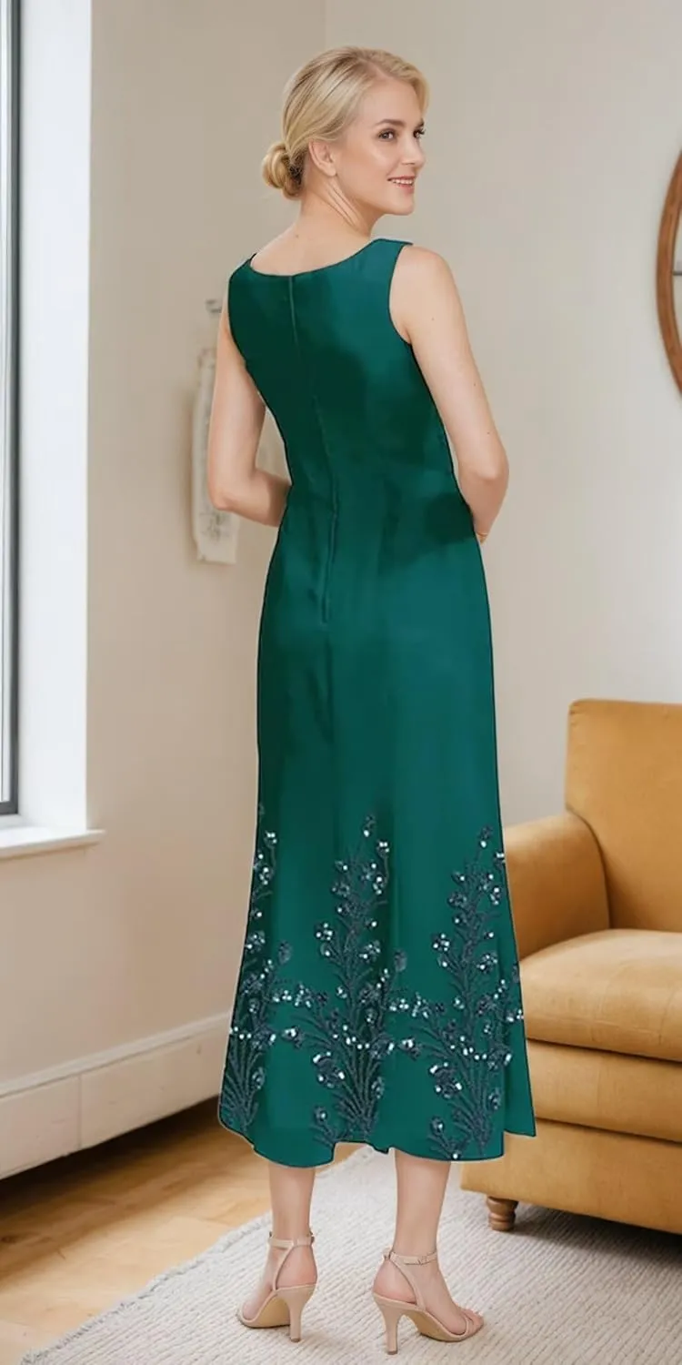 Tea Length 2 Piece Formal Women's Wedding Guest Dresses Evening Outfits with Jacket for Momther of Bride