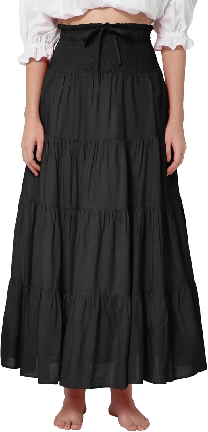 ThePirateDressing Elastic Smocked Waist Boho Renaissance Medieval Peasant Pirate Maxi Skirt