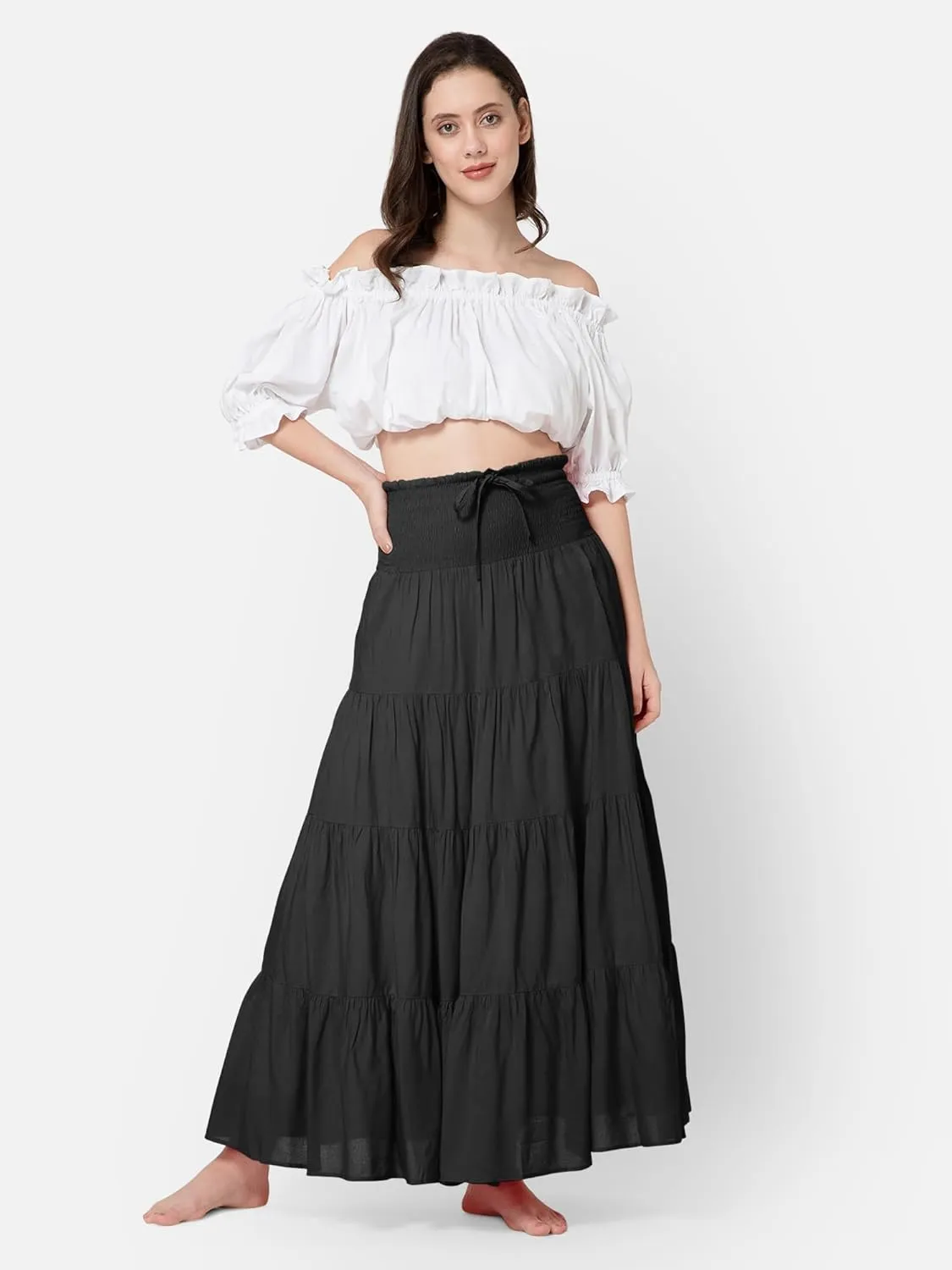 ThePirateDressing Elastic Smocked Waist Boho Renaissance Medieval Peasant Pirate Maxi Skirt