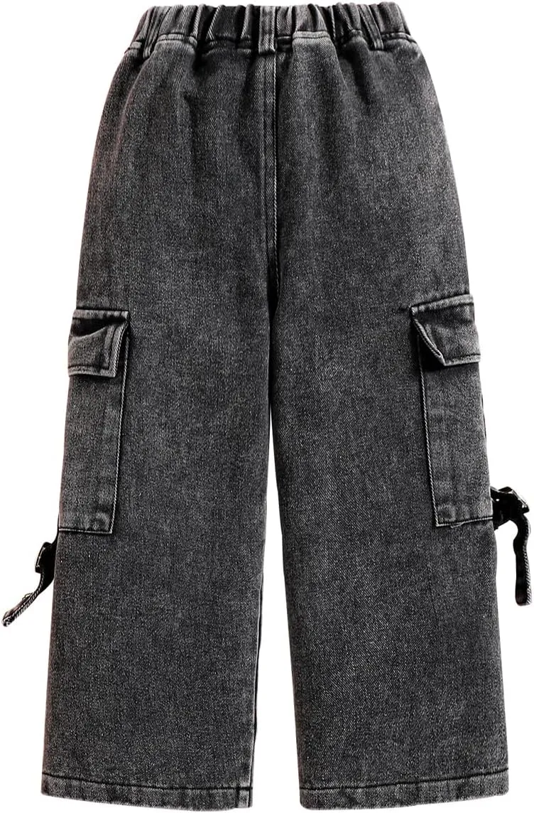Toddler Girl Jeans, Elastic Band Wide-Leg Cargo Jeans with Utility Pockets - Girls Denim Pants (3-7T)