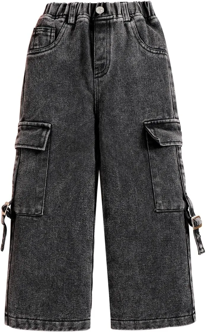 Toddler Girl Jeans, Elastic Band Wide-Leg Cargo Jeans with Utility Pockets - Girls Denim Pants (3-7T)