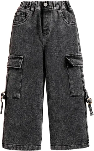Toddler Girl Jeans, Elastic Band Wide-Leg Cargo Jeans with Utility Pockets - Girls Denim Pants (3-7T)